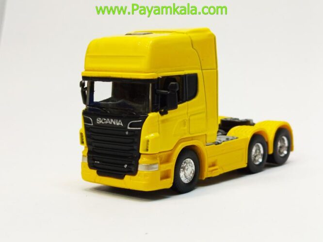 ماکت تریلی اسکانیا (SCANIA V8 R730) سایز 1:64 ساخت WELLY رنگ زرد