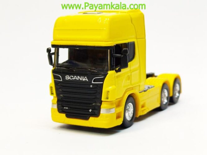 ماکت تریلی اسکانیا (SCANIA V8 R730) سایز 1:64 ساخت WELLY رنگ زرد