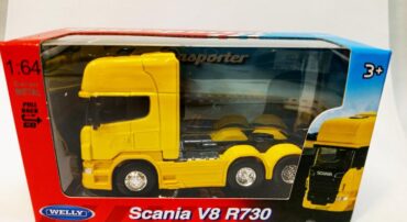 ماکت تریلی اسکانیا (SCANIA V8 R730) سایز 1:64 ساخت WELLY رنگ زرد