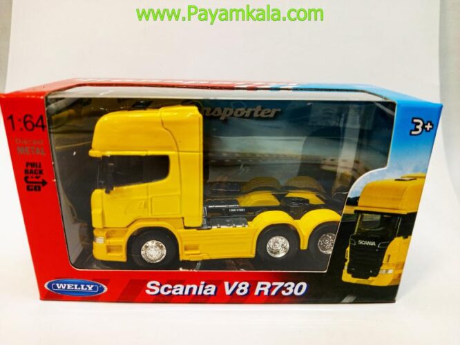 ماکت تریلی اسکانیا (SCANIA V8 R730) سایز 1:64 ساخت WELLY رنگ زرد