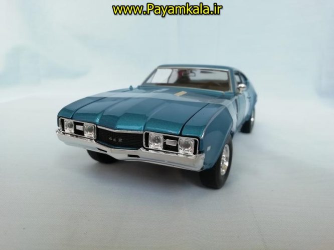 ماکت ماشین اسباب بازی اولدزموبیل بزرگ (1:24) (WELLY)(1968 OLDSMOBILE 442) آبی متالیک