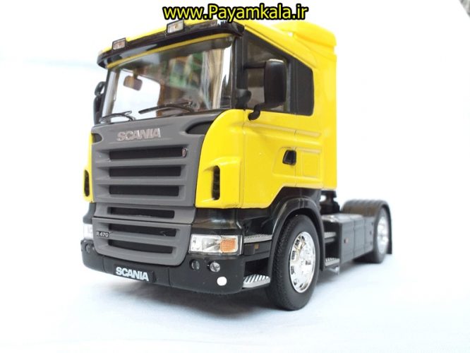 (بدون جعبه) ماکت تریلی اسکانیا (SCANIA R470) بزرگ 1:32ساخت WELLY (رنگ زرد)