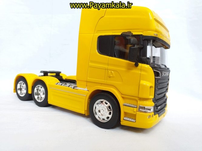 (بدون جعبه) ماکت تریلی اسکانیا (SCANIA V8 R730) بزرگ 1:32ساخت WELLY (رنگ زرد)