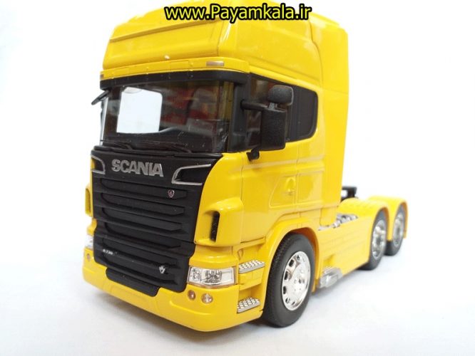 (بدون جعبه) ماکت تریلی اسکانیا (SCANIA V8 R730) بزرگ 1:32ساخت WELLY (رنگ زرد)