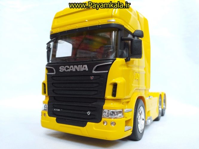 (بدون جعبه) ماکت تریلی اسکانیا (SCANIA V8 R730) بزرگ 1:32ساخت WELLY (رنگ زرد)