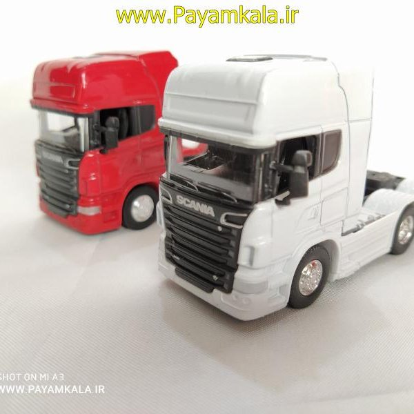 ماشین اسباب بازی تریلی اسکانیا(SCANIA V8 R730) ساخت WELLY سفید(1:64)