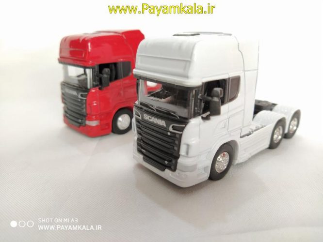 ماشین اسباب بازی تریلی اسکانیا(SCANIA V8 R730) ساخت WELLY سفید(1:64)