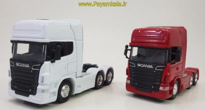 ماشین اسباب بازی تریلی اسکانیا(SCANIA V8 R730) ساخت WELLY سفید(1:64)