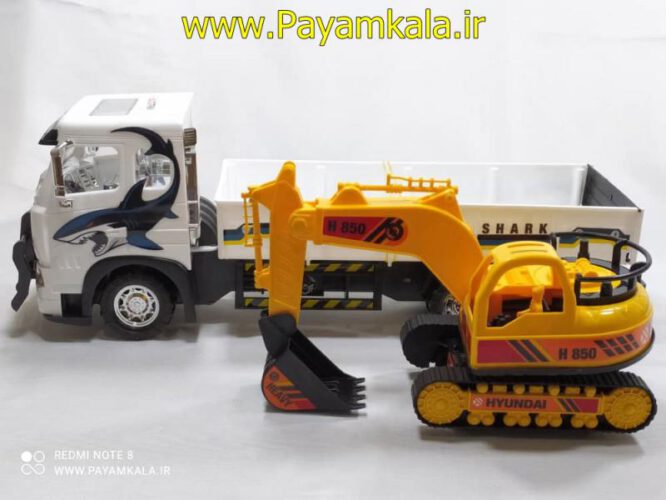 اسباب بازی کامیون Dorj سفید با حمل بیل مکانیکی