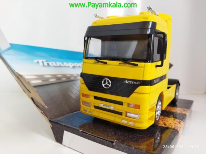 ماکت تریلی مرسدس-بنز تک محور ( Mercedes-Benz ACTROS) بزرگ 1:32ساخت WELLY زرد