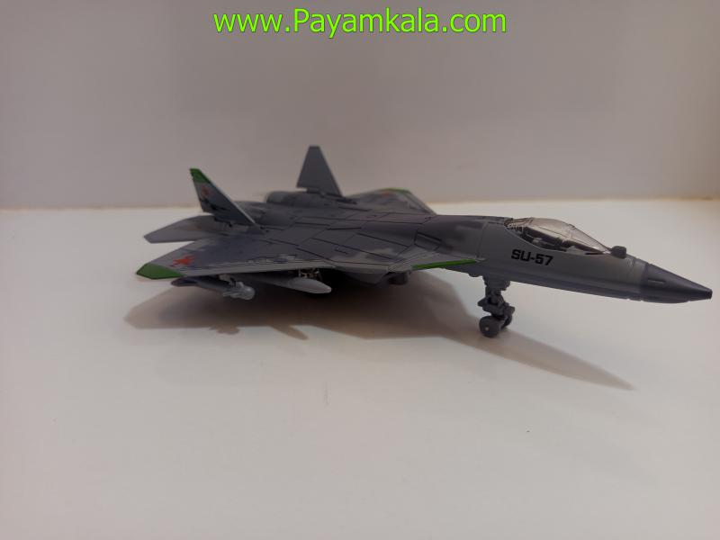 ماکت هواپیما جنگنده سوخو SU-57 طوسی فلزی موزیکال چراغدار عقبکش