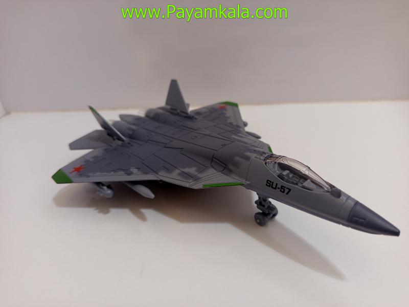 ماکت هواپیما جنگنده سوخو SU-57 طوسی فلزی موزیکال چراغدار عقبکش