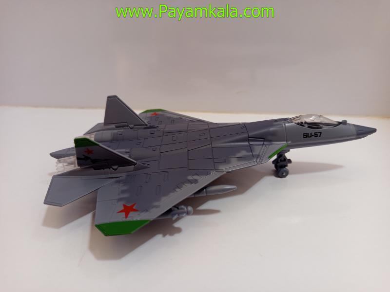 ماکت هواپیما جنگنده سوخو SU-57 طوسی فلزی موزیکال چراغدار عقبکش