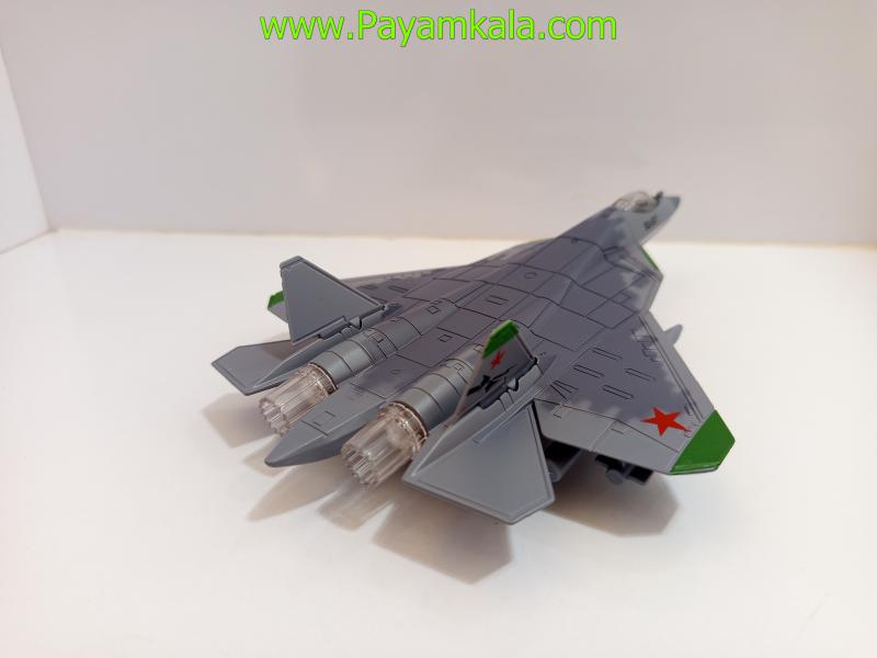 ماکت هواپیما جنگنده سوخو SU-57 طوسی فلزی موزیکال چراغدار عقبکش
