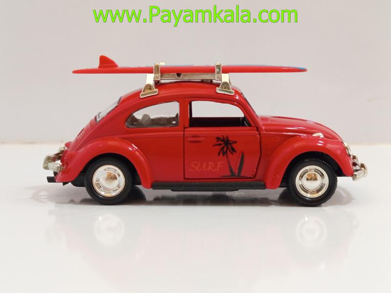 ماشین فلزی فولکس بیتل با تخته موج سواری قرمز